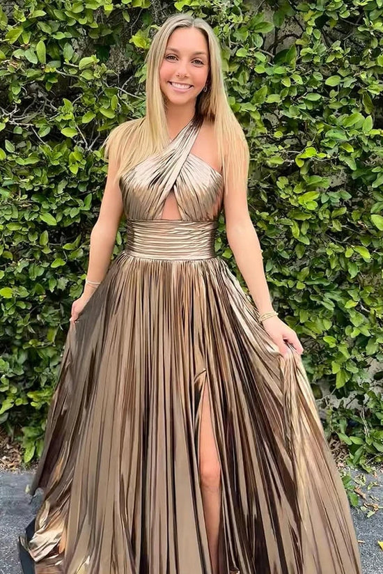 Satin A-Line Empire Halter Pleated Party Prom Dress With Slit