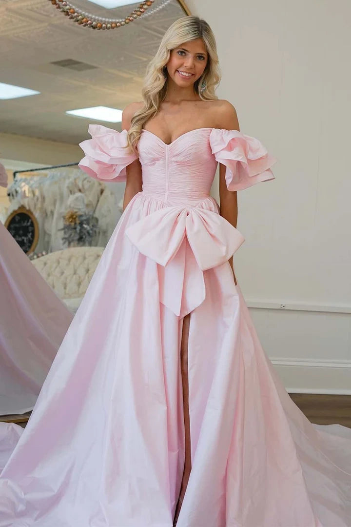 Satin A-Line Empire Ruffled Straps Party Prom Dress With Slit