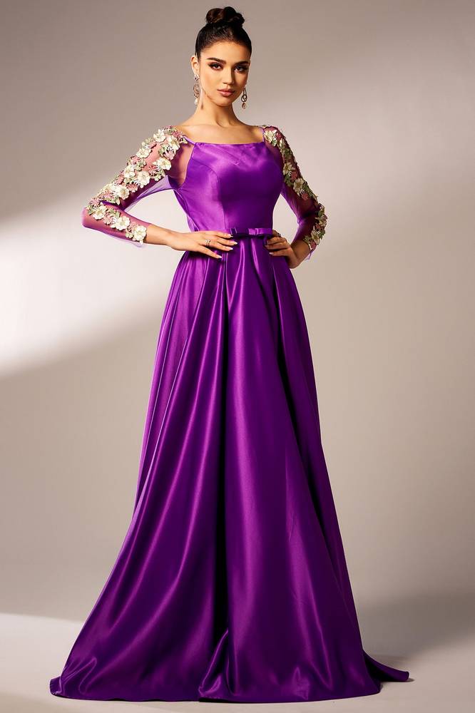 Satin A-Line Floral Sleeves Square Formal Party Dress