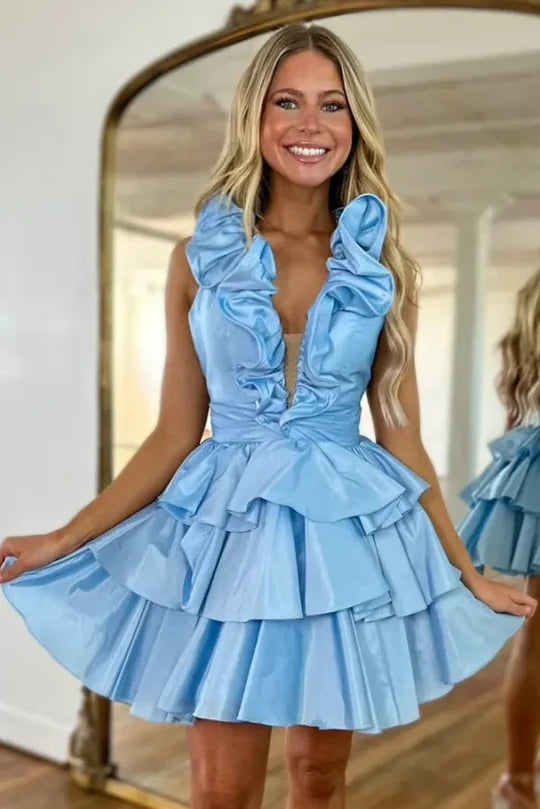 Satin A-Line Low V-Neck Backless Tiered Homecoming Dress