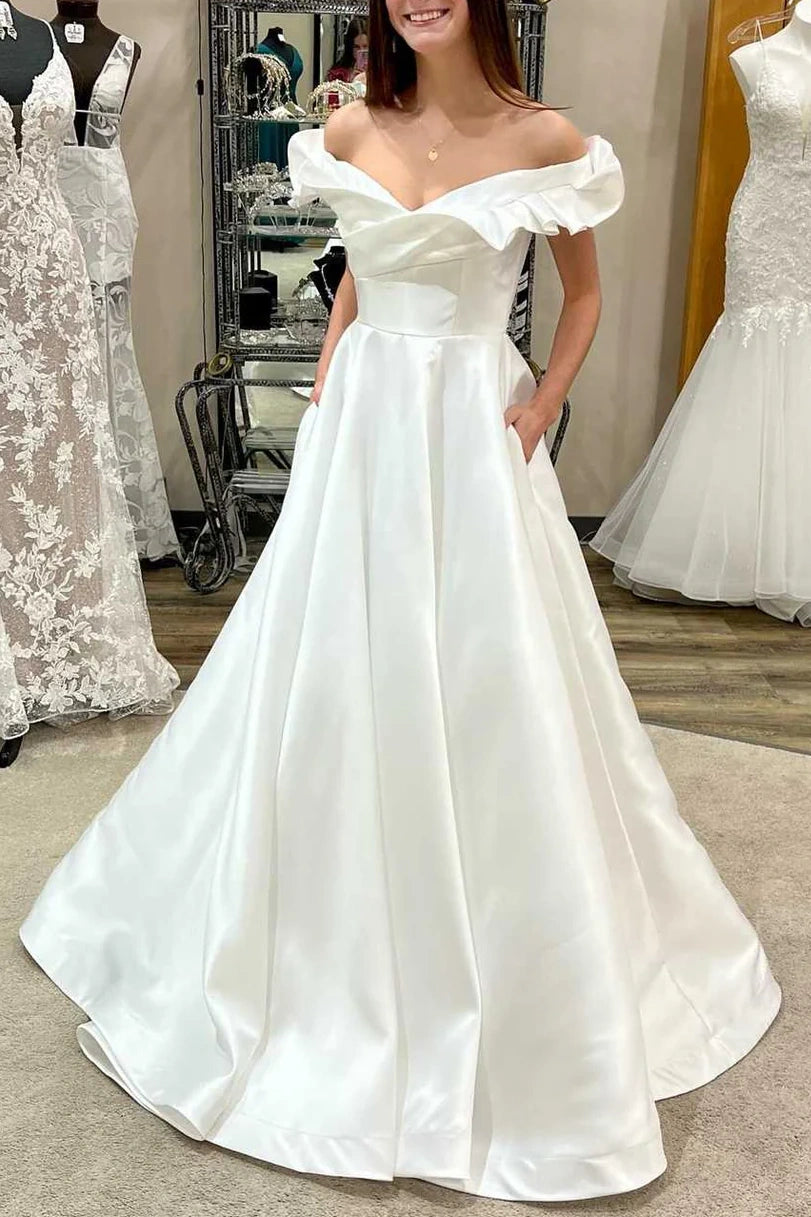 Satin A-Line Off-Shoulder With Pockets Wedding Dress