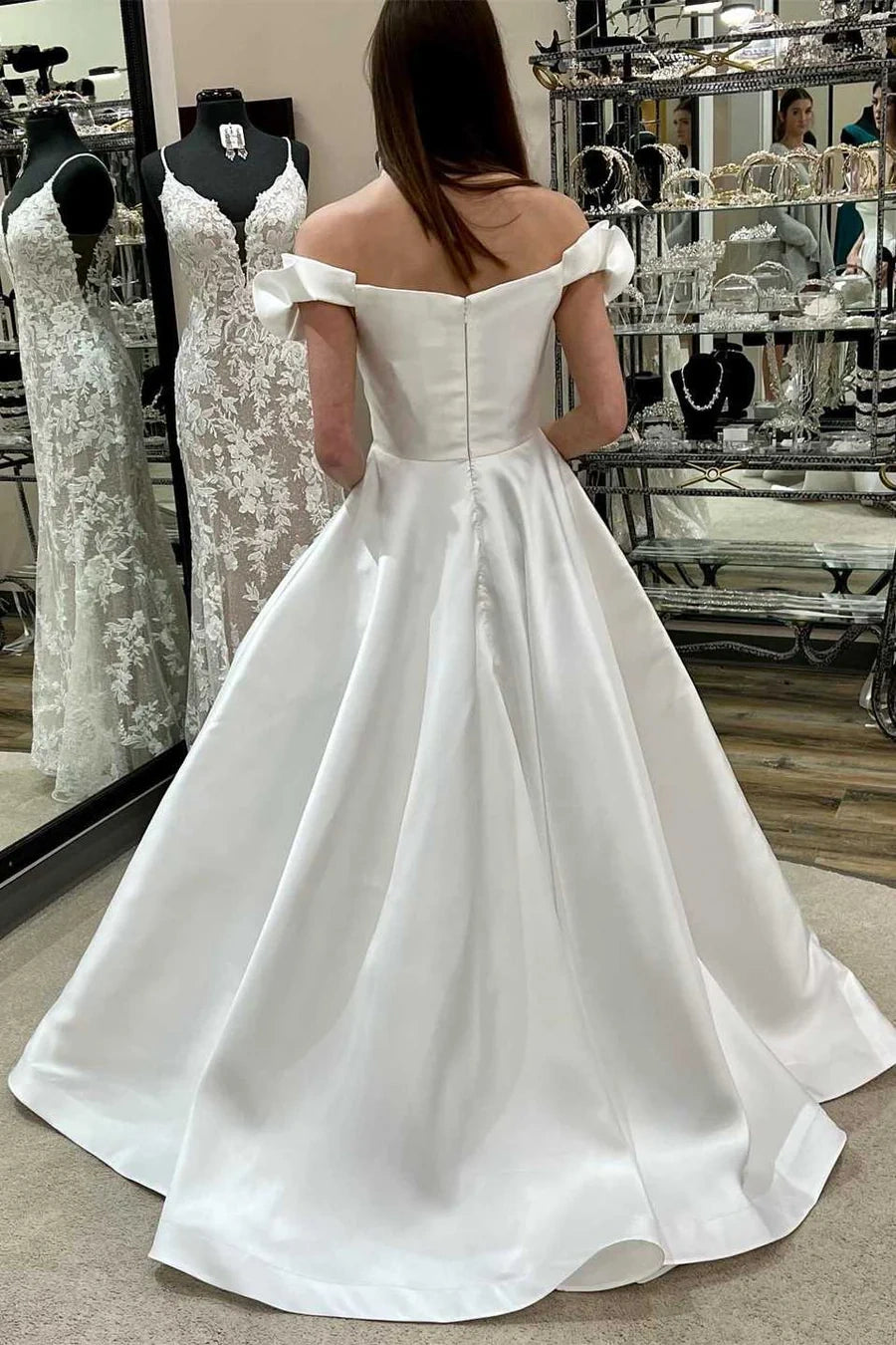 Satin A-Line Off-Shoulder With Pockets Wedding Dress