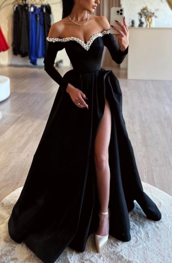 Satin A-Line Off-Shoulder Long Sleeves Pearl Long Prom Dress