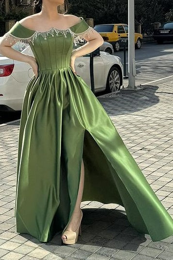 Satin A-Line Off-Shoulder Sleeveless Beaded Formal Prom Dress