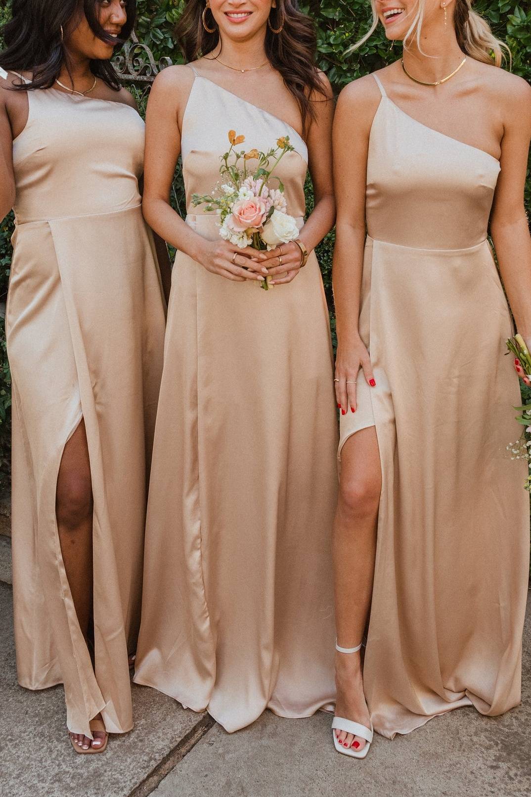 Satin A-Line One Shoulder Bridesmaid Dress With Slit