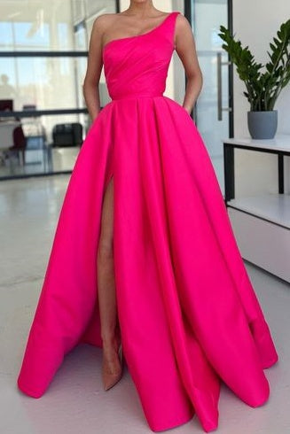 Satin A-Line One Shoulder Empire With Side Slit Prom Dress