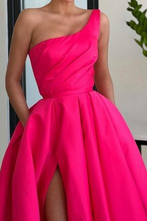 Satin A-Line One Shoulder Empire With Side Slit Prom Dress