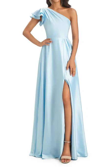 Satin A-Line One Shoulder Ruffled Bridesmaid Dress