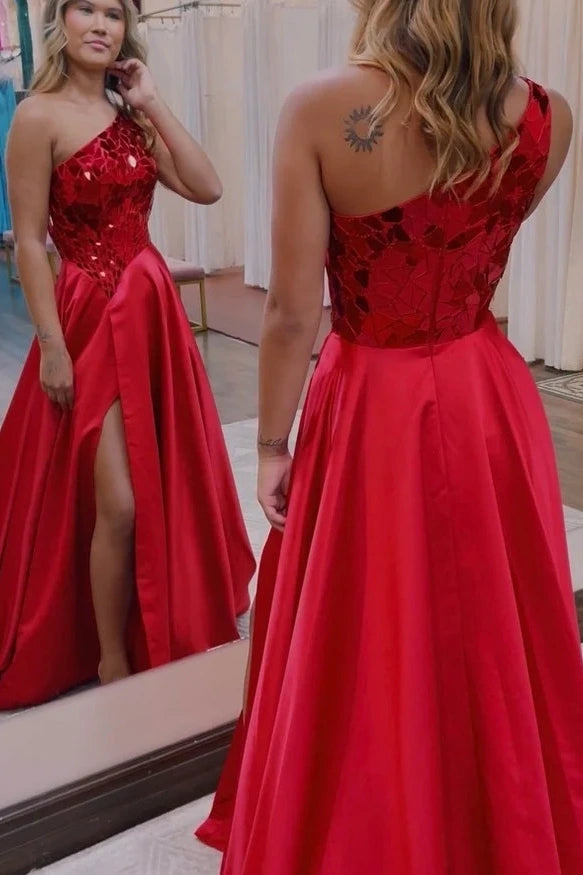 Satin A-Line One Shoulder Sleeveless Beaded With Side Slit Prom Dress