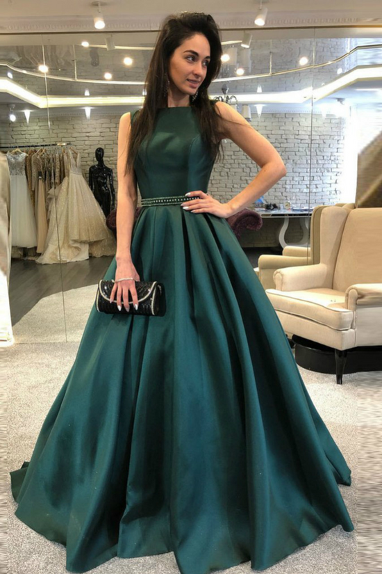 Satin A-Line Round Sleeveless Empire Beaded Long Prom Dress Movousdress Satin A-Line Round Sleeveless Empire Beaded Long Prom Dress Movousdress