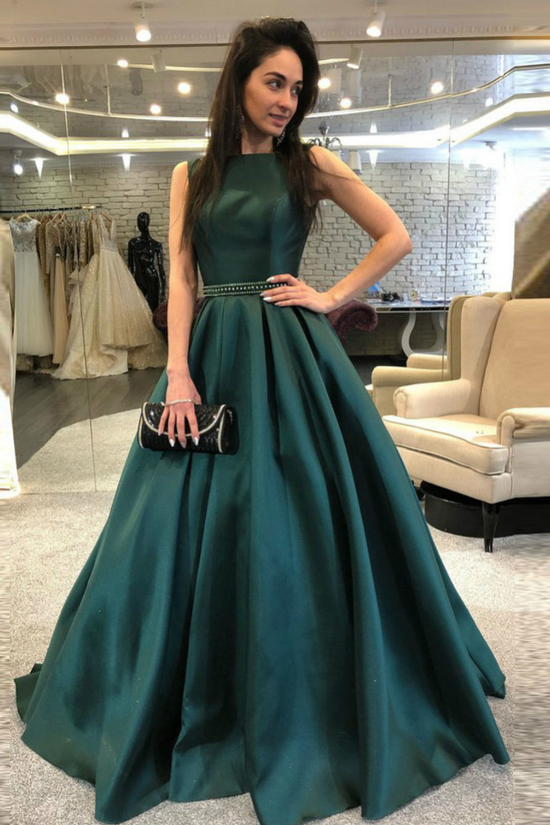 Satin A-Line Round Sleeveless Empire Beaded Long Prom Dress