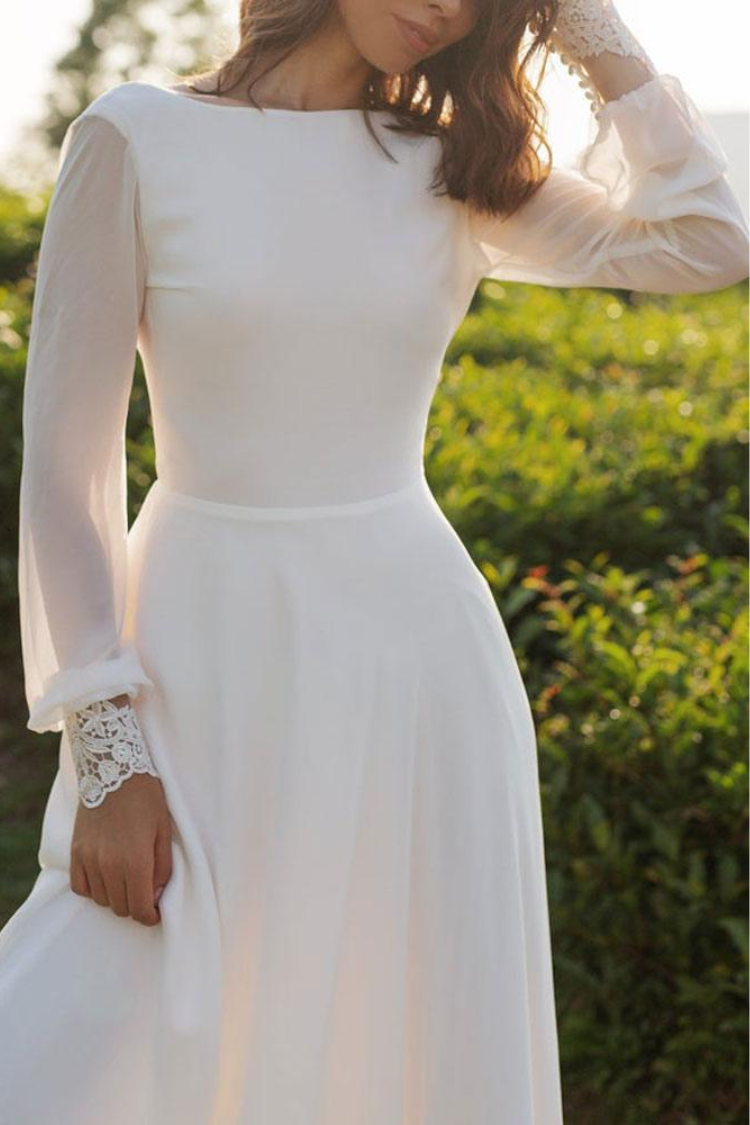 Satin A-Line Scoop Long Sleeves Empire With Train Boho Wedding Dress