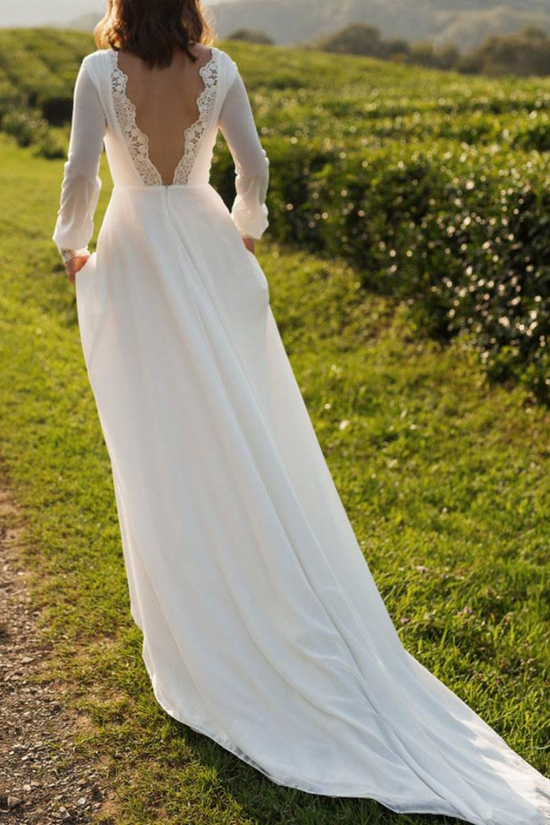 Satin A-Line Scoop Long Sleeves Empire With Train Boho Wedding Dress