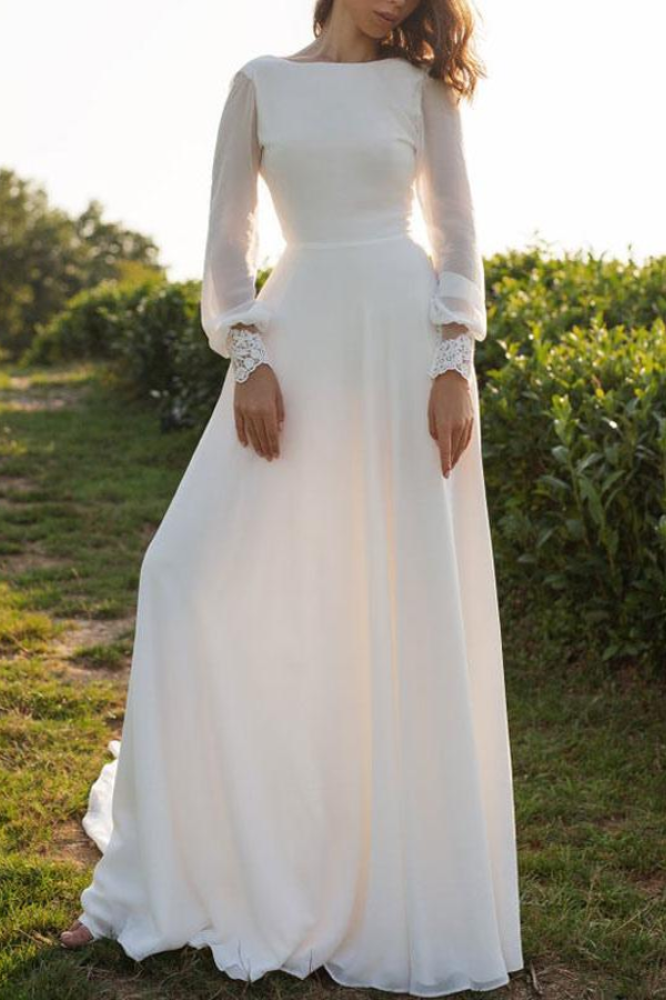 Satin A-Line Scoop Long Sleeves Empire With Train Boho Wedding Dress