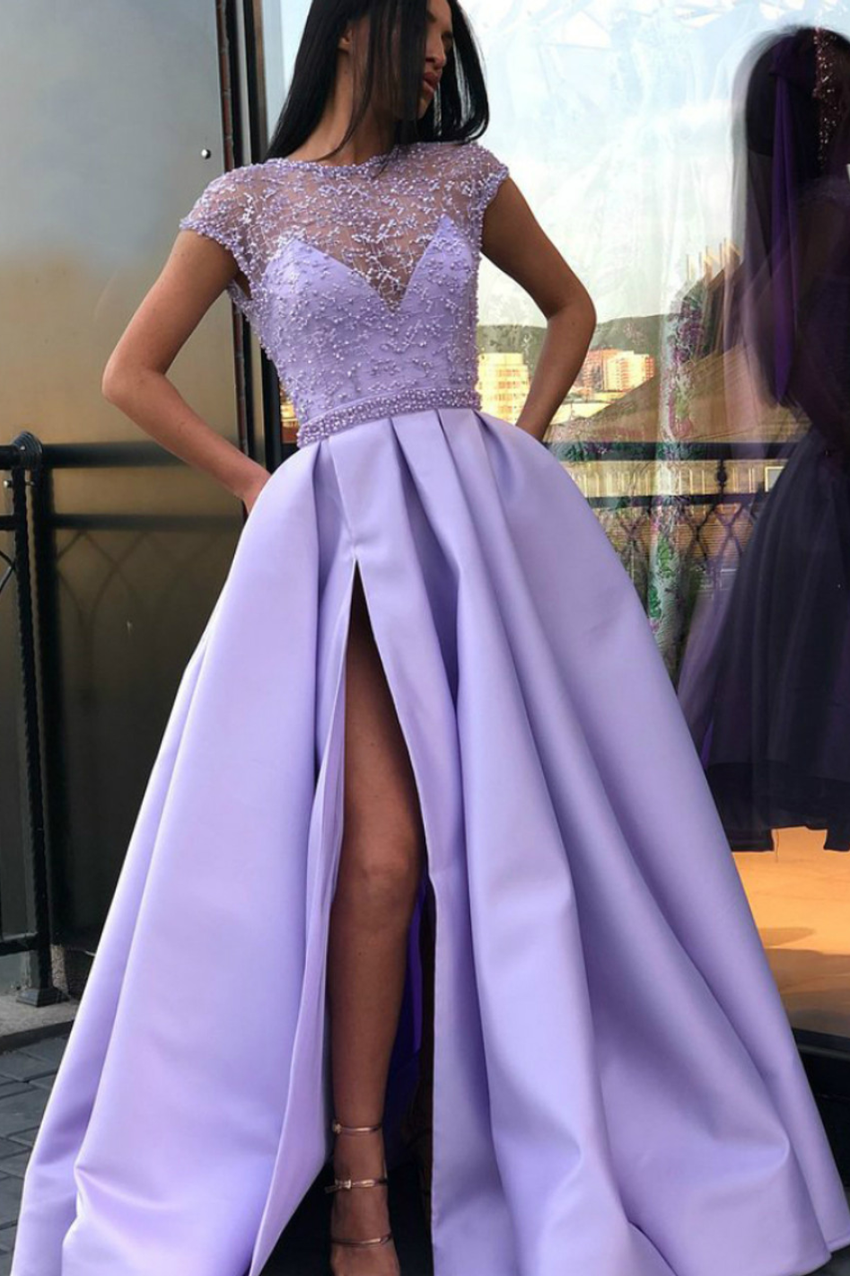 Satin A-Line Scoop Sleeveless Beaded Long Prom Dress