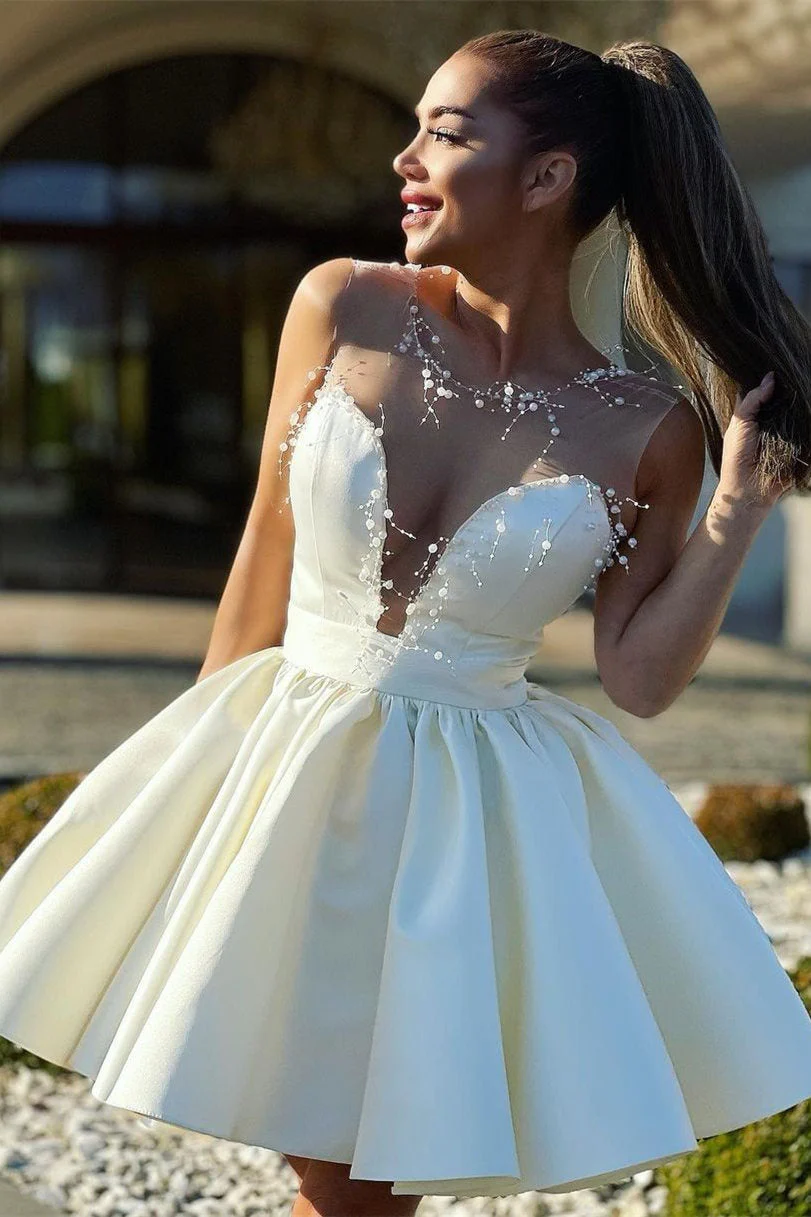 Satin A-Line Scoop Strapless Beaded Short Homecoming Dress