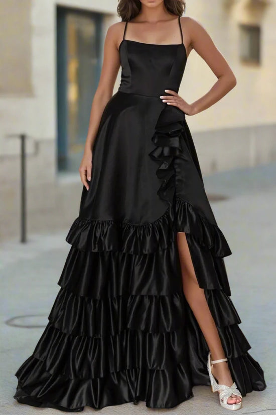 Satin A-Line Square Empire Tiered Long Prom Dress Movousdress Satin A-Line Square Empire Tiered Long Prom Dress Movousdress