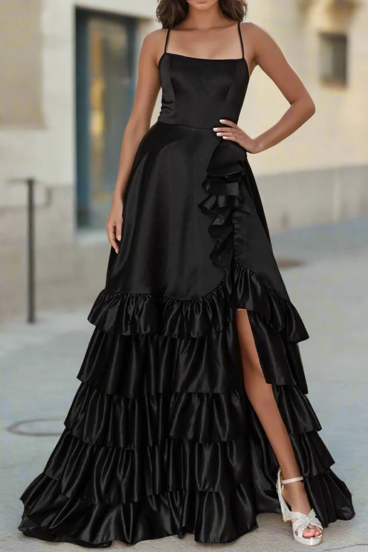 Satin A-Line Square Empire Tiered Long Prom Dress