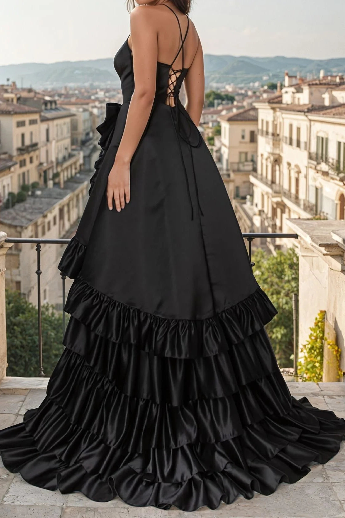 Satin A-Line Square Empire Tiered Long Prom Dress