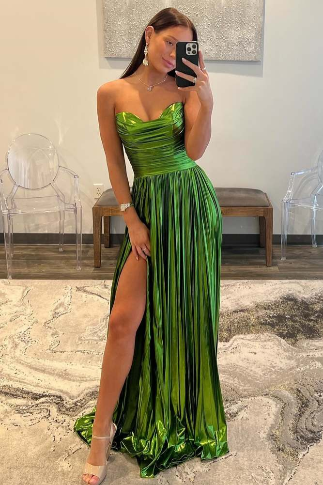 Satin A-Line Strapless Empire With Side Slit Prom Dress