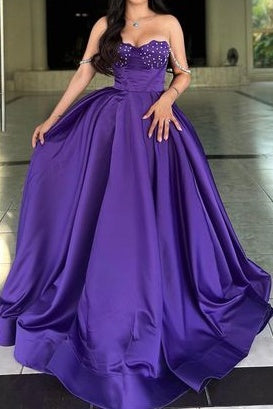 Satin A-Line Sweetheart Sleeveless Beaded Long Prom Dress