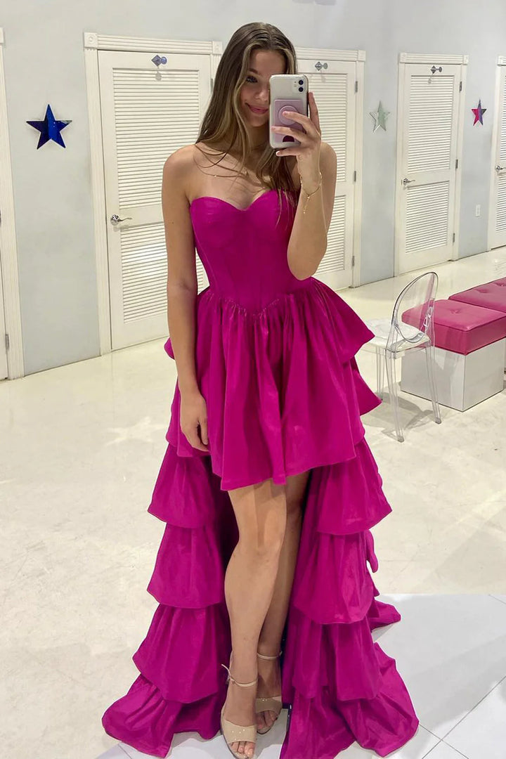 Satin A-Line Sweetheart Sleeveless Party Prom Dress With Tiered Train