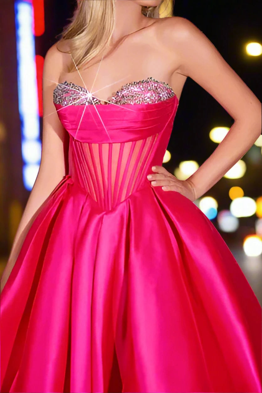 Satin A-Line Sweetheart Strapless Beaded Sheer Empire Prom Dress