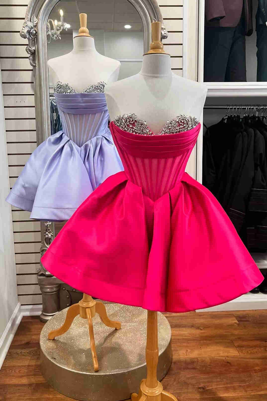 Satin A-Line Sweetheart Strapless Beaded Short Homecoming Dress