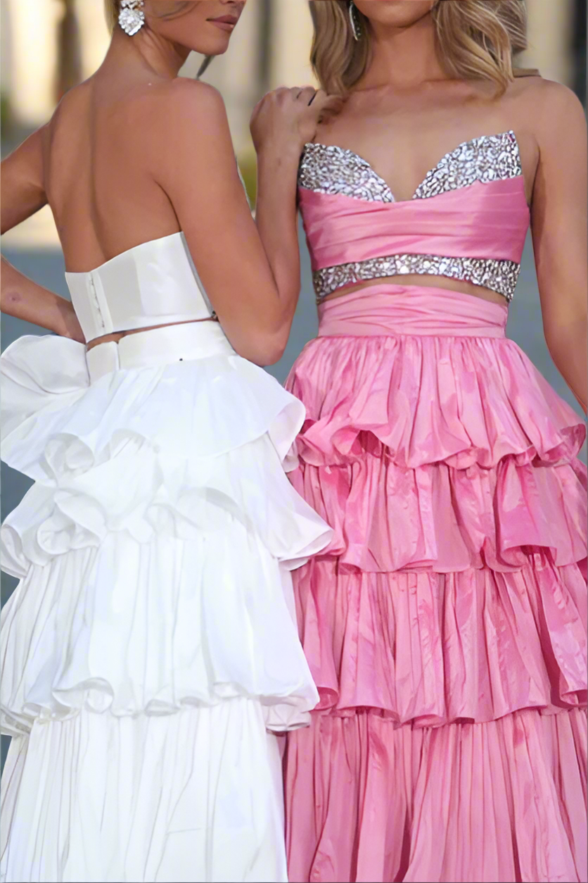 Satin A-Line Sweetheart Strapless Beaded Tiered Prom Dress