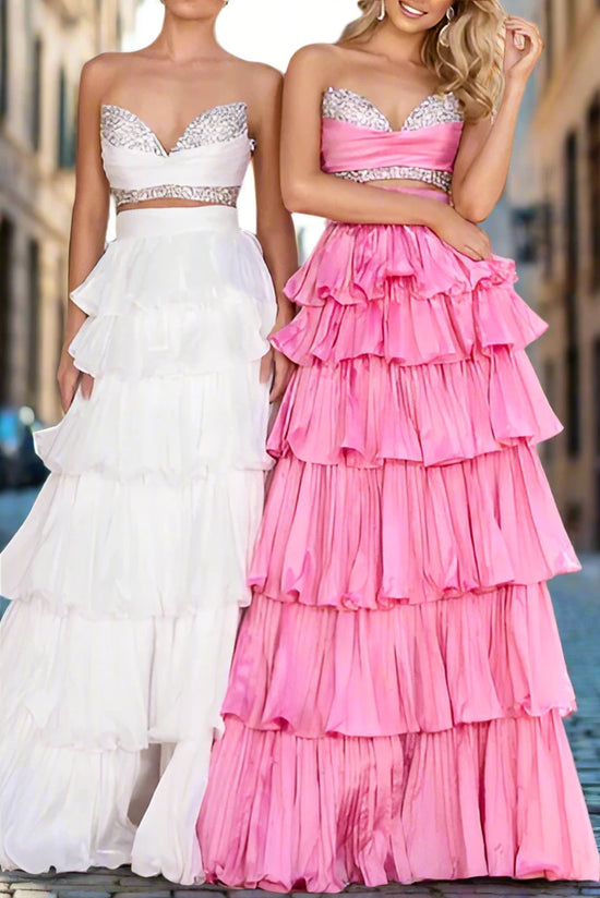 Satin A-Line Sweetheart Strapless Beaded Tiered Prom Dress