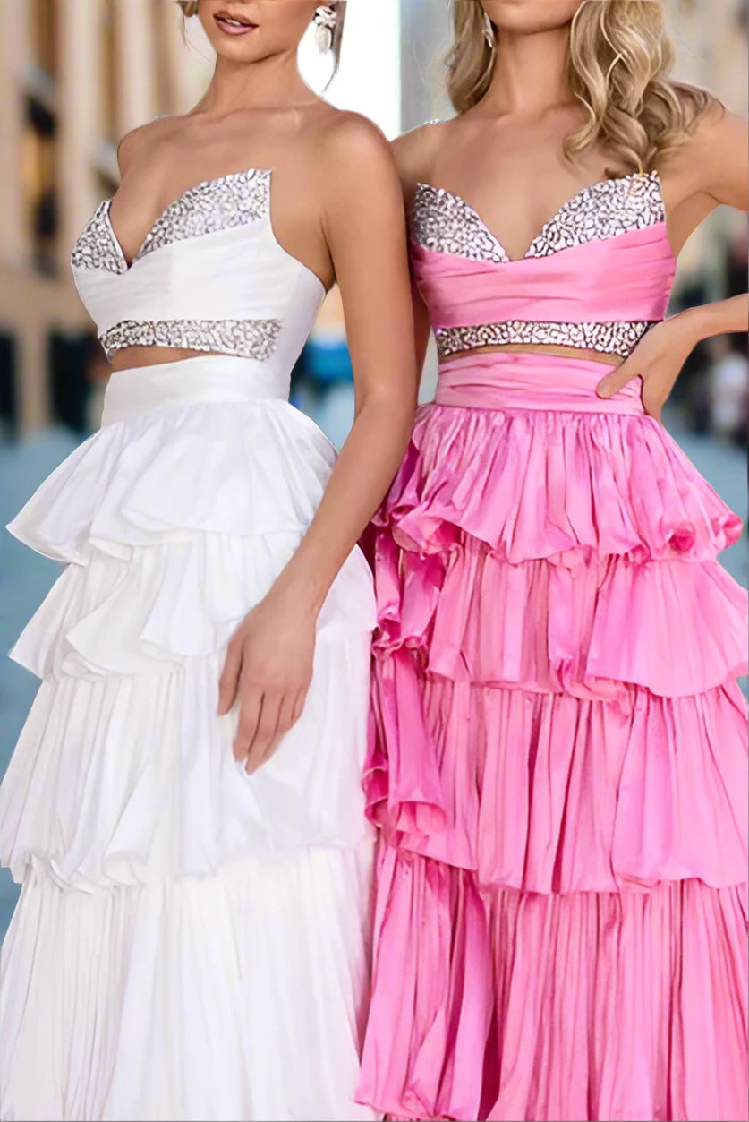 Satin A-Line Sweetheart Strapless Beaded Tiered Prom Dress