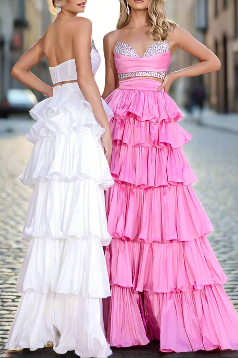 Satin A-Line Sweetheart Strapless Beaded Tiered Prom Dress