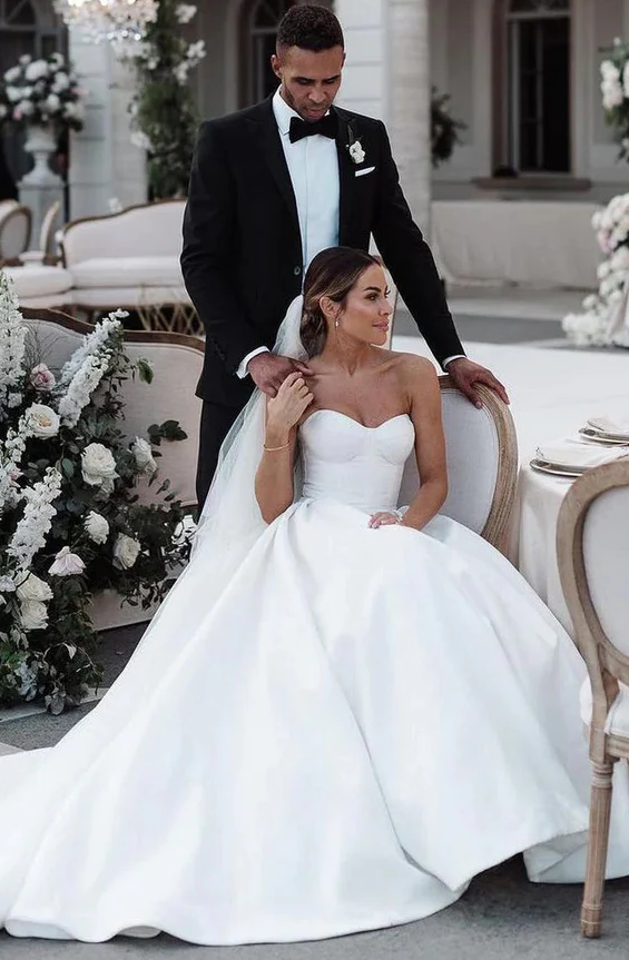 Satin A-Line Sweetheart Strapless With Train Wedding Dress – Movousdress