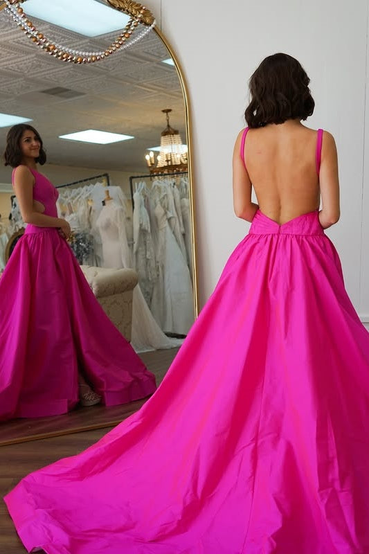 Satin A-Line V-Neck Backless Formal Prom Dress With Slit