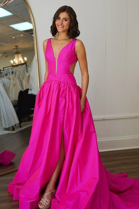Satin A-Line V-Neck Backless Formal Prom Dress With Slit