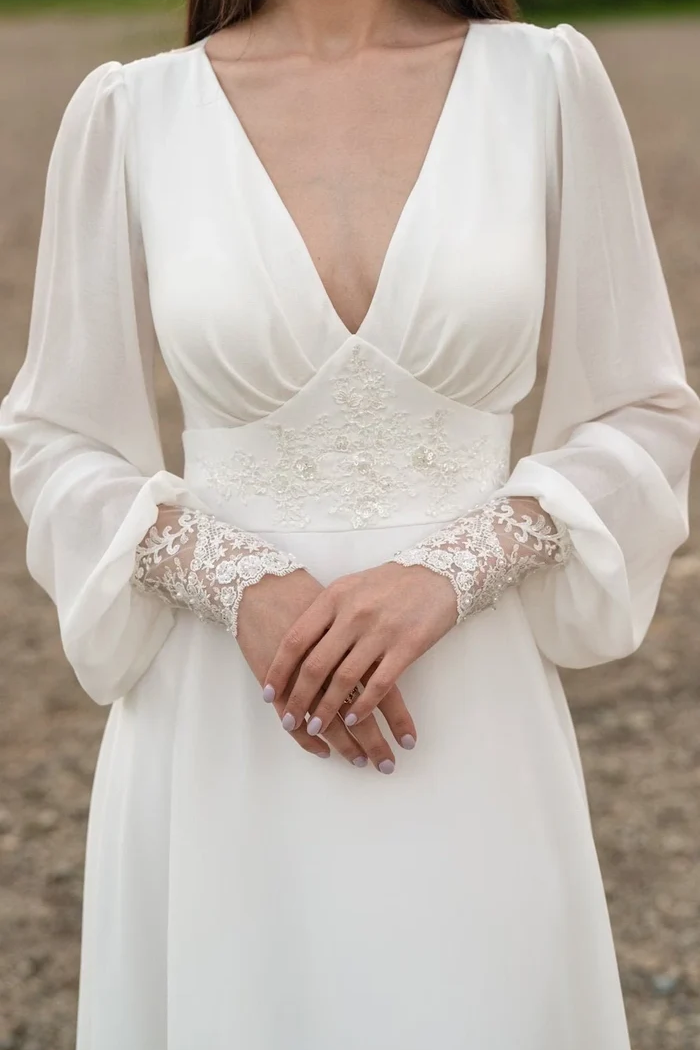 Satin A-Line V-Neck Long Sleeves Appliques With Train Wedding Dress