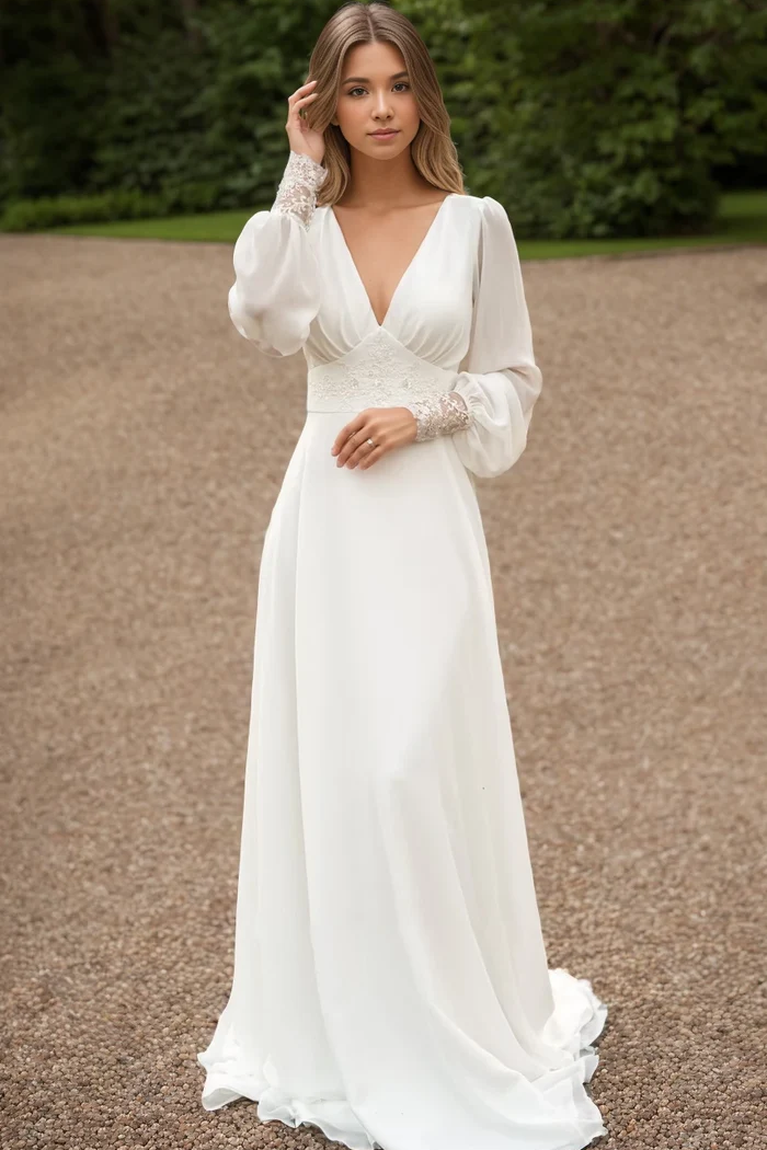 Satin A-Line V-Neck Long Sleeves Appliques With Train Wedding Dress