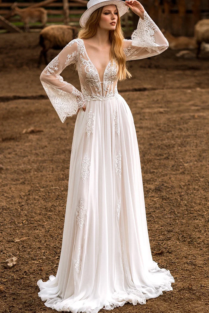 Satin A-Line V-Neck Long Sleeves Appliques Boho Wedding Dress