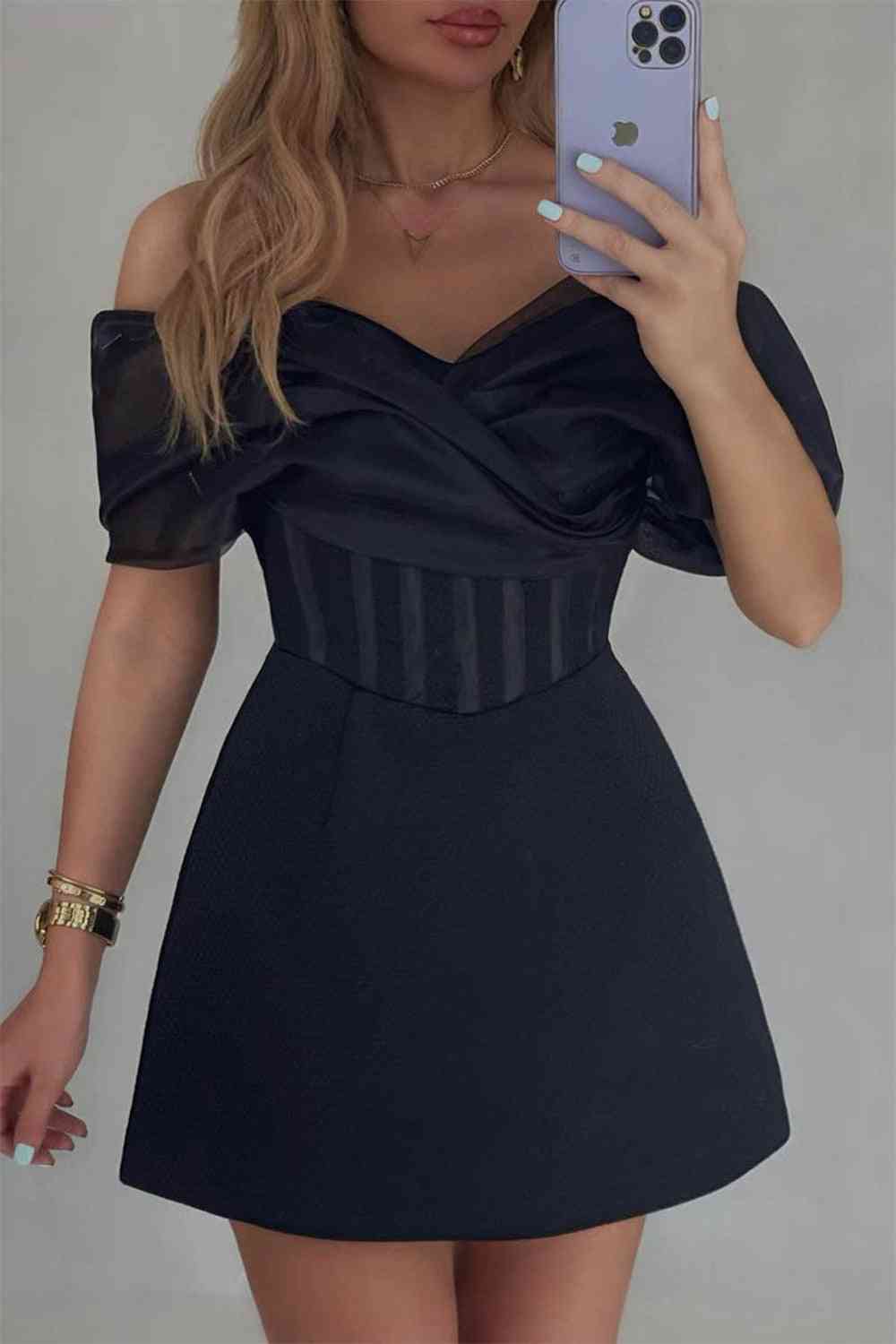 Satin A-Line V-Neck Off-Shoulder Empire Homecoming Dress