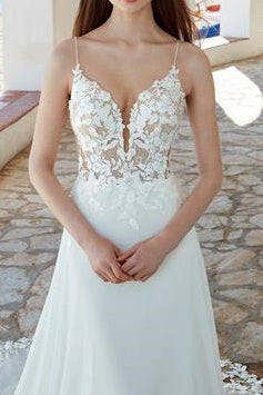 Satin A-Line V-Neck Sleeveless Appliques Beach Wedding Dress