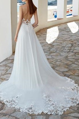 Satin A-Line V-Neck Sleeveless Appliques Beach Wedding Dress