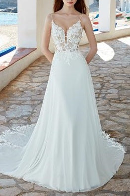 Satin A-Line V-Neck Sleeveless Appliques Beach Wedding Dress