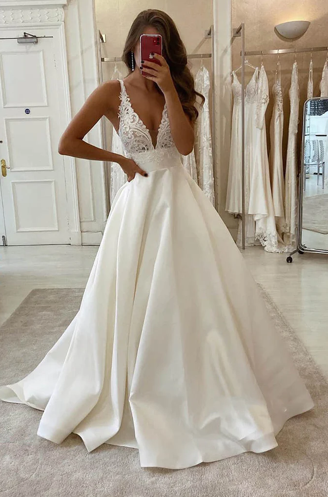 Satin A-Line V-Neck Sleeveless Appliques With Train Wedding Dress