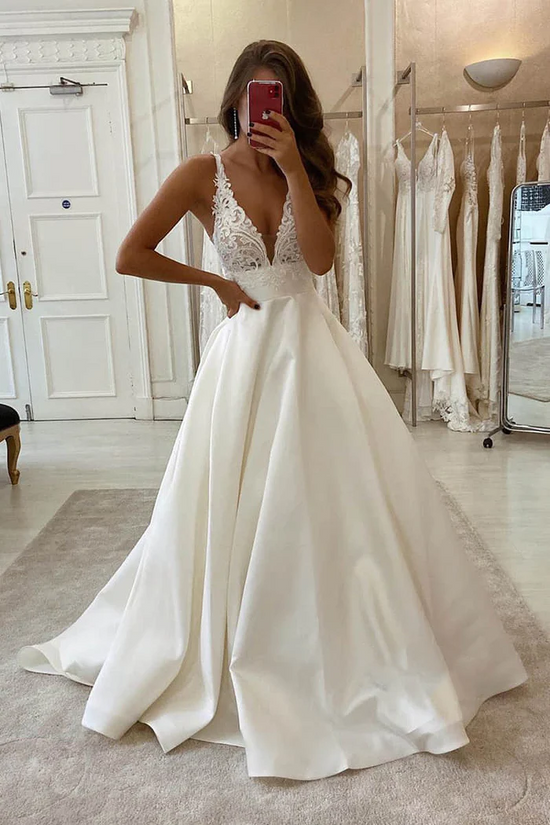 Satin A-Line V-Neck Sleeveless Appliques With Train Wedding Dress