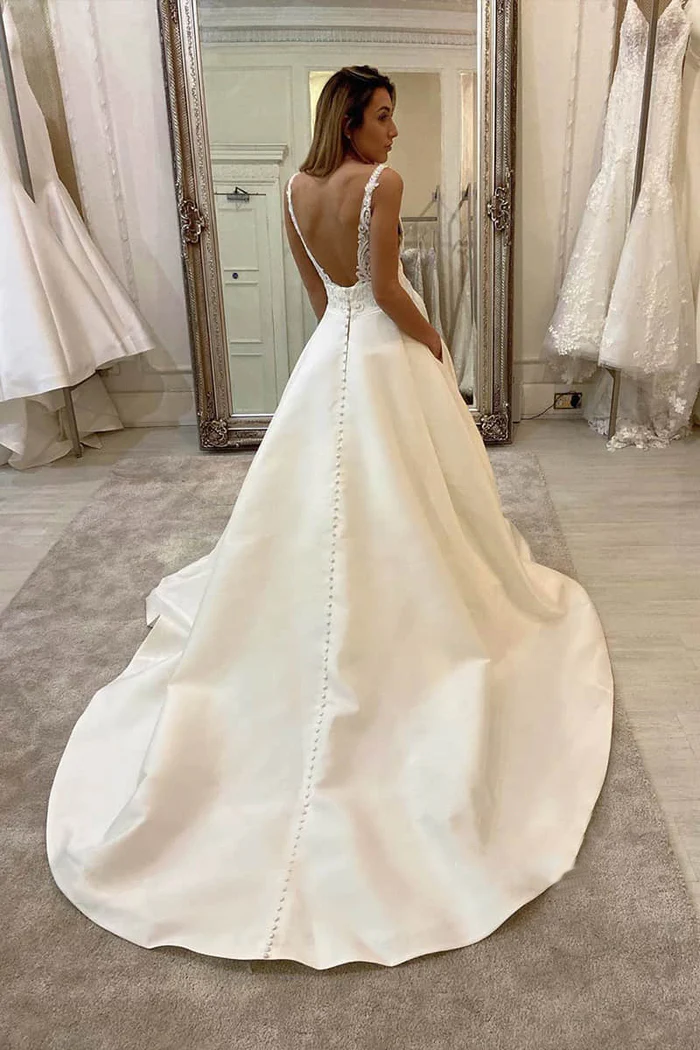 Satin A-Line V-Neck Sleeveless Appliques With Train Wedding Dress