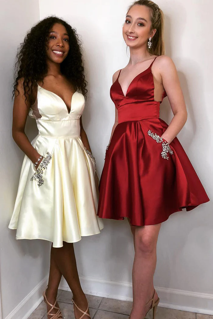 Satin A-Line V-Neck Sleeveless Beaded With Pockets Short Homecoming Dress