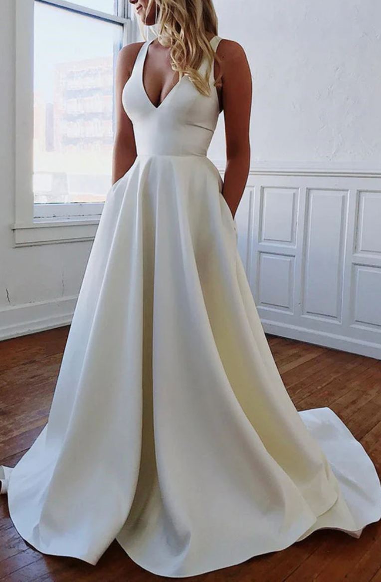 Satin A-Line V-Neck Sleeveless With Pockets Long Summer Wedding Dress