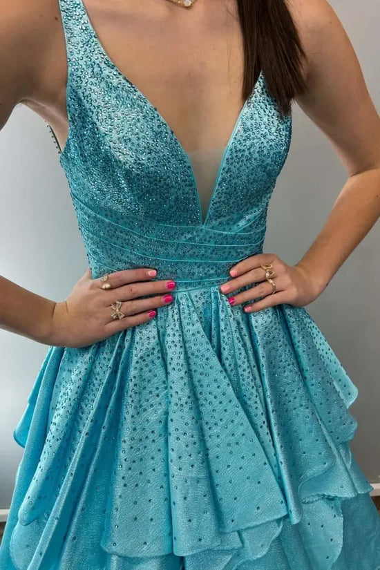 Satin A-Line V-Neck Spaghetti Straps Beaded Long Prom Dress