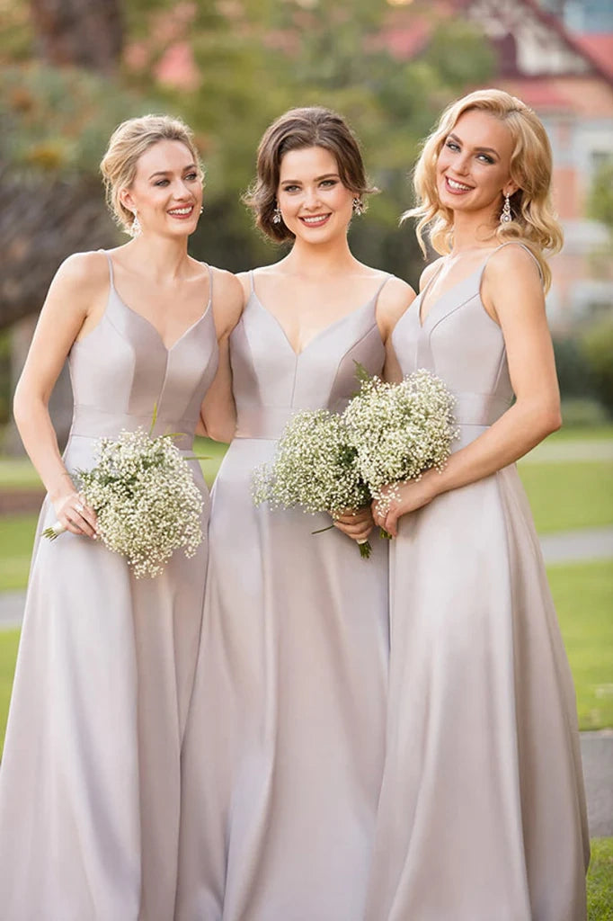 Satin A-Line V-Neck Spaghetti Straps Bridesmaid Dress