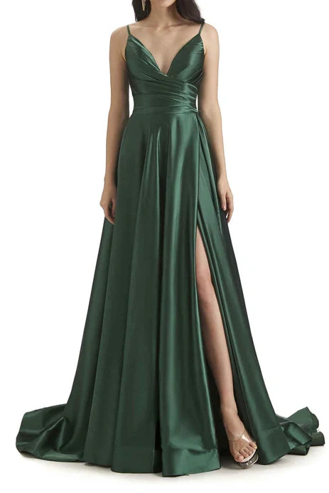 Satin A-Line V-Neck Spaghetti Straps Bridesmaid Dress